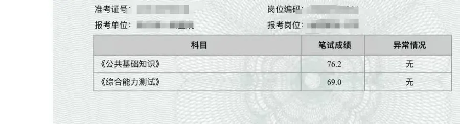 学员事业单位笔试成绩单截图：公共基础知识 76.2 分、综合能力测试 69.0 分